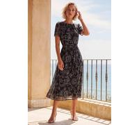 Roman Floral Print Pleated Midi Dress In Black Black