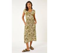 Roman Originals Stretchy Dress for Women UK Ladies Pockets Gathered Waist Ruched Chest Midi Holiday Spring Summer V Neckline Evening Vacation Work Party Going Out Soft - Khaki Floral - Size 18