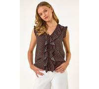 Roman Originals Women Frill Front Vest Top Ladies Ruffle Blouse Summer Spring Special Occasion Evening Holiday Cruise Cocktail Party Short Long Sleeve Sleeveless V-Neck - Noir Floral - Size 14