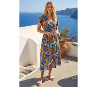 Roman Floral Print Shirred Midi Dress In Orange Orange