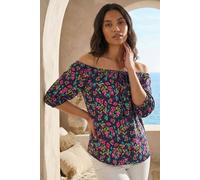 Roman Bardot Top Off Shoulder Blouse for Women UK - Ladies Floral Print Shirt Palm Leaf Tropical Ditsy Cold Shoulder Jersey Frill Cuff Summer Spring Holiday