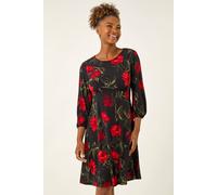 Roman Originals Women Gathered Chest Dress Ladies Stretchy Fit & Flare Swing Tea A Line Skater Knee Length Long Sleeve Midi Smart Casual Work Going Out Cocktail Party - Red Floral - Size 18