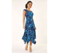 Roman Hanky Hem Swing Dress with Pockets for Women UK Ladies Asymmetric Hemline Stretch Jersey 3/4 Sleeve Winter Smart Casual Work Office Knee Length Tunics - Floral Navy - Size 12