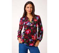 Roman Floral Print Tie Neck Stretch Top In Red Red