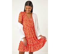 Roman Floral Print V-Neck Smock Dress In Orange Orange