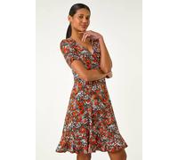 Roman Originals Wrap Dress for Women UK Ladies Swing Skater Fit & Flare A Line Tea Stretch Knee Length V-Neck Holiday Summer Smart Casual Work Party Evening - Floral Rust - Size 12