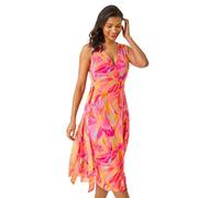 Roman Floral Print Wrap Chiffon Midi Dress for Women UK - Ladies Spring Everyday Summer Holiday V-Neckline Comfy Sleeveless Soft Tie Waist Frock Dinner Date Gowns - Pink - Size 18