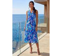 Roman Floral Print Wrap Chiffon Midi Dress for Women UK - Ladies Spring Everyday Summer Holiday V-Neckline Comfy Sleeveless Soft Tie Waist Frock Dinner Date Gowns - Blue - Size 12