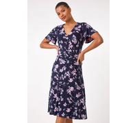 Roman Originals Wrap Dress for Women UK Ladies Swing Skater Fit & Flare A Line Tea Stretch Knee Length V-Neck Holiday Summer Smart Casual Work Party Evening - Floral Pink - Size 20