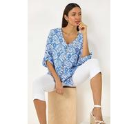Roman Floral Printed Button Detail Top In Blue Blue 12