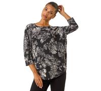Roman Floral Puff Print Stretch Top In Black Black 14