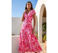 Roman Shirred Empire Waist Dress for Women UK Ladies Midi Maxi Summer Spring Tiered Frill Hem Short Sleeve V Neck Button Through Boho Bohemian Holiday Cruise
