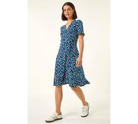 Roman Originals Tea Dress for Women UK Ladies Frill Hem Skater Wrap Jersey Stretchy Fit & Flare Flattering Knee Length Cocktail Party Occasion Holiday Going Out - Floral Turquoise - Size 10