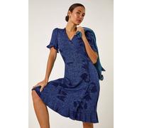 Roman Floral Side Button Dress In Navy Navy