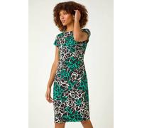 Roman Originals Ruched Waist Dress for Women UK Ladies Side Pleat Winter Autumn Textured Fitted Shift Pencil Smart Lined Stretchy Jersey Work Knee Length Round Neck - Green Floral - Size 18