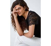 Roman Originals Floral Stretch Lace Top for Women UK - Ladies Everyday Holiday Spring Summer Round Neckline Comfy Soft Evening Vacation Work Party - Black - Size 18
