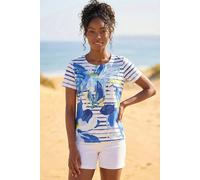 Roman Originals T-Shirt for Women UK - Ladies Tee Shirt Summer Top Holiday Day Causal Short Sleeve Blouses Round Crew Boat Neck Lightweight - Floral Stripe Azure - Size 14