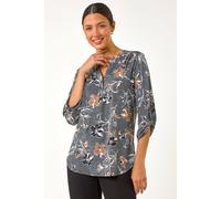 Roman Originals Shirt for Women UK Ladies Top Collarless Blouse Stretchy Tunic Smart Casual Autumn Winter Jersey 3/4 Length Sleeve Notch V Neck Flattering Office Work - Dark Grey - Size 18