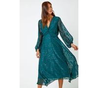 Roman Polka Dot Twist Front Midi Dress for Women UK - Ladies Autumn Everyday Winter Holiday V-Neckline Comfy Long Sleeve Soft Fit & Flare Frock Sport Dinner Gowns - Dark Green - Size 10