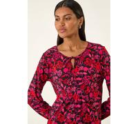 Roman Originals Printed Shirred Tie Neck Top for Women UK - Ladies Everyday Autumn Winter Round Neckline Comfy Soft Evening Vacation Work Party Night Out - Pink Noir - Size 18