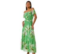 Roman Floral Tiered Bardot Belted Dress for Women UK - Ladies Spring Everyday Summer Holiday Maxi Length Comfy Short Sleeve Soft Fit & Flare Frock Vacation Gowns - Green - Size 12