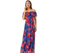 Roman Floral Tiered Bardot Belted Dress for Women UK - Ladies Spring Everyday Summer Holiday Maxi Length Comfy Short Sleeve Soft Fit & Flare Frock Vacation Gowns - Navy - Size 16