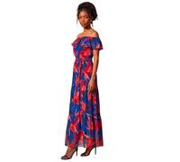 Roman Floral Tiered Bardot Belted Dress for Women UK - Ladies Spring Everyday Summer Holiday Maxi Length Comfy Short Sleeve Soft Fit & Flare Frock Vacation Gowns - Navy - Size 14