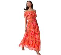 Roman Floral Tiered Bardot Belted Dress for Women UK - Ladies Spring Everyday Summer Holiday Maxi Length Comfy Short Sleeve Soft Fit & Flare Frock Vacation Gowns - Orange - Size 20