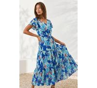 Roman Floral Tiered Tie Waist Dress In Blue Blue