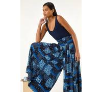 Roman Floral Tile Print Palazzo Wide Leg Trouser In Blue Blue One Size