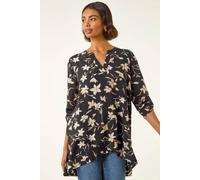 Roman Floral Wrap Hem Tunic Top In Black Black