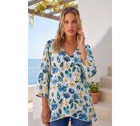 Roman Originals Floral Print Tunic Top for Women UK Ladies Casual Shirt Smart Blouse Asymmetric Wrap Hem Summer Holiday Party Cruise 3/4 Sleeve Longline Oversized - Floral Blue Yellow - Size 18