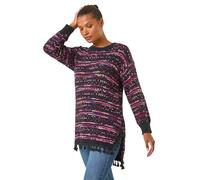 Roman Fluffy Knit Fringe Hem Jumper for Women UK - Ladies Autumn Everyday Winter Holiday Round Neckline Comfy Long Sleeve Soft Warm Feel Sweater Work Office Tops - Black Pink - Size 12