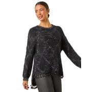 Roman Fluffy Knit Fringe Hem Jumper for Women UK - Ladies Autumn Everyday Winter Holiday Round Neckline Comfy Long Sleeve Soft Warm Feel Sweater Work Office Tops - Black - Size 12