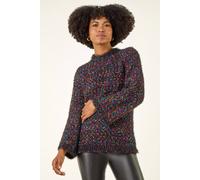 Roman Originals Fluffy Print Knit Jumper for Women UK - Ladies Everyday Autumn Winter Crew Neckline Comfy Soft Evening Vacation Work Party Night Out - Black - Size 18