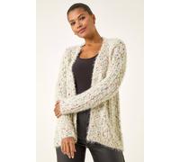Roman Originals Women Fluffy Cardigan Ladies Winter Cardi Longline Edge to Edge Ombre Coatigan Casual Sparkly Glittery Jacket Knitwear Knitted Autumn Fleecy Cosy Soft Coats - Ivory Multi - Size 12