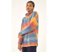 Roman Originals Fluffy Stripe Knit Jumper for Women UK - Ladies Everyday Autumn Winter Roll Neckline Comfy Soft Evening Vacation Work Party Night Out - Orange - Size 20