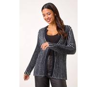 Roman Originals Fluffy Striped Knit Cardigan for Women UK - Ladies Everyday Autumn Winter Comfy Soft Evening Vacation Work Party Night Out - Noir - Size 20