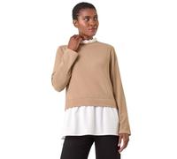 Roman Frill Neck Contrast Jersey Top for Women UK - Ladies Autumn Everyday Winter Holiday High Neckline Comfy Long Sleeve Soft Warm Fabric Sweater Shirt Dinner Work Blouses - Camel - Size 16