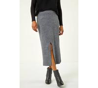 Roman Front Split Knitted Midi Skirt for Women UK - Ladies Autumn Everyday Winter Holiday Elasticated Waist Comfy Warm Feel Pull On Daywear Skirts - Grey - Size 16
