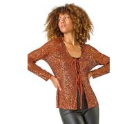 Roman Front Tie Sequin Detail Top for Women UK - Ladies Autumn Everyday Winter Holiday V-Neckline Comfy Long Sleeve Soft Knot Detail Cardigan Dinner Date Blouses - Bronze - Size 12
