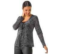 Roman Front Tie Velvet Animal Print Burnout Top for Women UK - Ladies Autumn Everyday Winter Holiday Long Sleeves Soft V-Neckline Comfy Leopard Shirt Dinner Date Blouses - Grey - Size 20