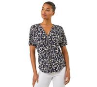 Roman Front Zip Top for Women UK Ladies Brushed Blouse Soft Jumper Smart Casual Work Winter Autumn Spring Warm Long 3/4 Short Sleeve V Neck Sweater T-Shirts - Floral Navy - Size 20