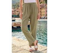 Roman Full Length Linen Trouser for Women UK - Ladies Spring Everyday Summer Holiday Elasticated Waist Comfy Drawstring Soft Relaxed Fit Bottoms Day Out Pants - Khaki - Size 18
