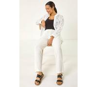 Roman Full Length Linen Trouser for Women UK - Ladies Spring Everyday Summer Holiday Elasticated Waist Comfy Drawstring Soft Relaxed Fit Bottoms Day Out Pants - White - Size 18