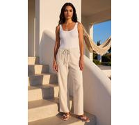 Roman Full Length Linen Trouser for Women UK - Ladies Spring Everyday Summer Holiday Elasticated Waist Comfy Drawstring Soft Relaxed Fit Bottoms Day Out Pants - Stone - Size 16