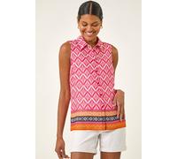 Roman Originals Sleeveless Shirt for Women UK Ladies Blouse Top Button Through Summer Smart Casual Work Cocktail Party Office Holiday Special Occassion Evening Going Out - Red Geometric - Size 20