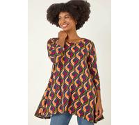Roman Geo Print Hanky Hem Stretch Top In Orange Orange