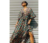 Roman Paisley Print Boho Maxi Dress for Women UK - Ladies Spring Everyday Summer Holiday V-Neckline Comfy Batwing Sleeves Soft Fit & Flare Frock Dinner Date Gowns - Black - Size 12