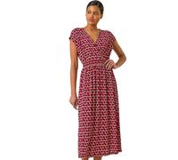 Roman Geo Print V-Neck Stretch Midi Dress for Women UK - Ladies Spring Everyday Summer Holiday Ruched Detail Comfy Cap Sleeve Soft Fit & Flare Frock Day Out Gowns - Red - Size 12